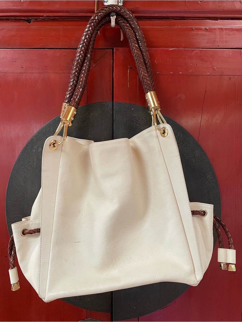 Michael Kors Cream Leather Hobo with Braided Brown Handles